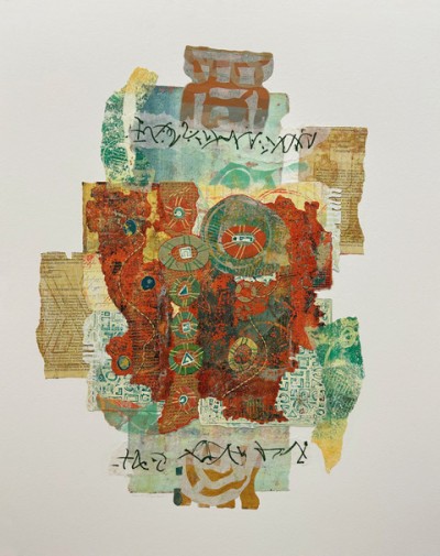 A cut paper collage resembling an abstract layout of red, gold and green.