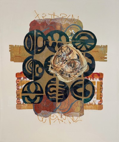 A cut paper collage resembling a tic tac toe board.