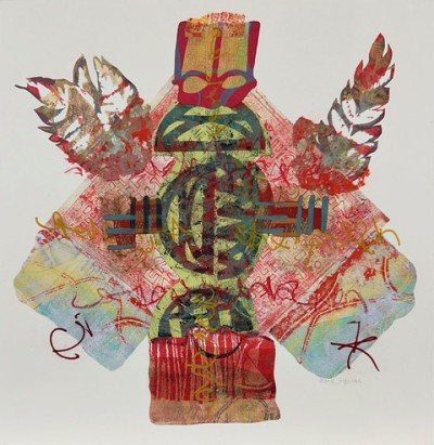 A abstract cut paper, multi colored collage resembling a standing figure holding leaves.