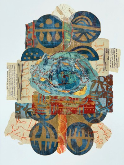 An abstract cut paper collage layout of red, gold and green with intermittent blue dots titled 'Sweet Spot'.