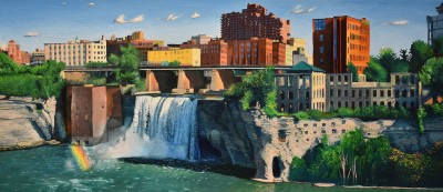 an oil painting of the urban Rochester, NY city scape with waterfalls in the fore ground and a line of buildings behind an elevated railroad tracks with a blue sky overhead.
