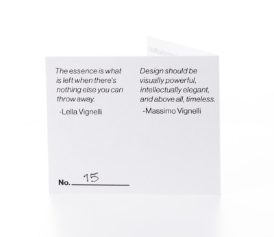 Product tag with a quote by Massimo Vignelli.