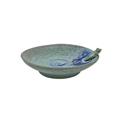 Small green glazed dish with tiny frog and blue glazed accents