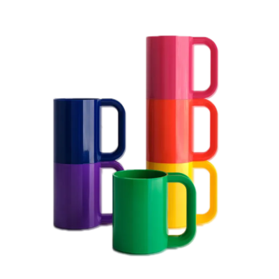 a group of six bright solid color mugs with handles in yellow, orange, red, blue, green and purple in a stack with green mug in front