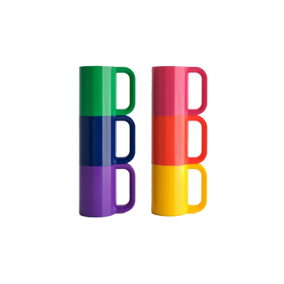 a group of six bright solid color mugs with handles in yellow, orange, red, blue, green and purple in two stacks of three