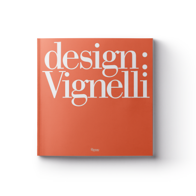 Book cover in signature Vignelli red color with the text  'design: Vignelli' in white font.