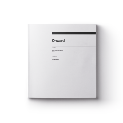 a cover of book 'Onward', a white cover with black type.