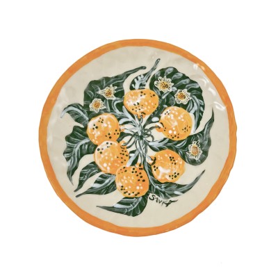top view of a hand-formed porcelain plate illustrated with bright orange clementines and green leaves