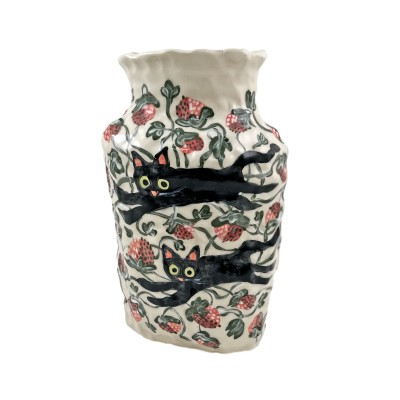 Hand-formed porcelain vase painted with black cats and strawberries