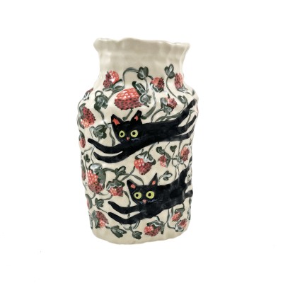 Hand-formed porcelain vase painted with black cats and strawberries