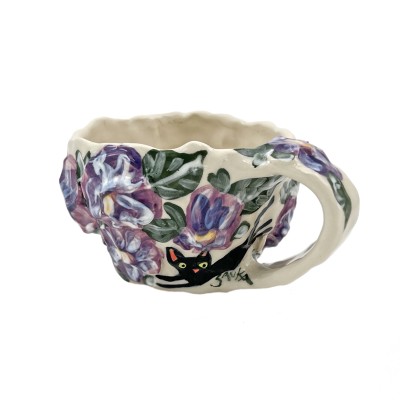 Hand formed mug with textured purple flowers and painted cats