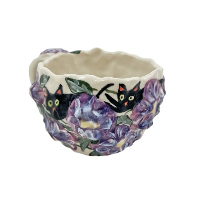 Hand formed mug with textured purple flowers and painted cats