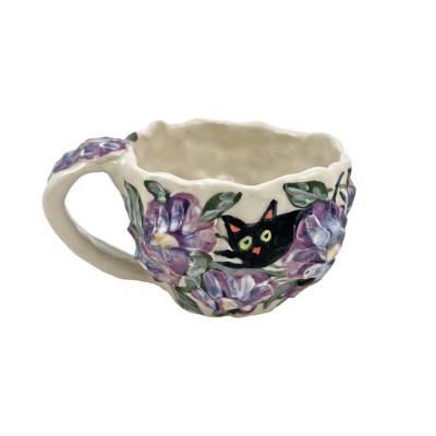 Hand formed mug with textured purple flowers and painted cats