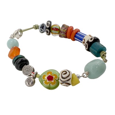 thai silver bracelet with trade beads, glass, turquoise carnelian, and amazonite