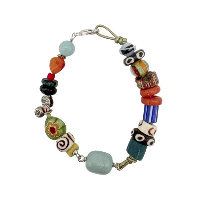 thai silver bracelet with trade beads, glass, turquoise carnelian, and amazonite