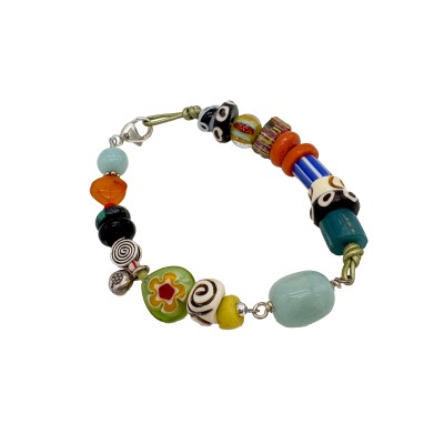 thai silver bracelet with trade beads, glass, turquoise carnelian, and amazonite