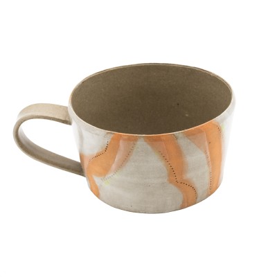 stoneware mug with stripes of orange and elements of green