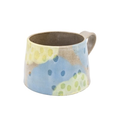 tapered wide base mug with blue and green organic forms