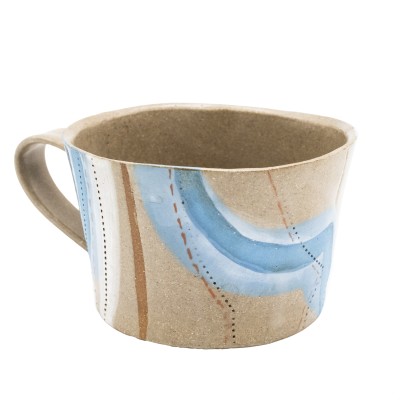 handcrafted stoneware mug featuring organic, flowing lines of blue, orange, and white