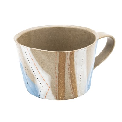 handcrafted stoneware mug featuring organic, flowing lines of blue, orange, and white
