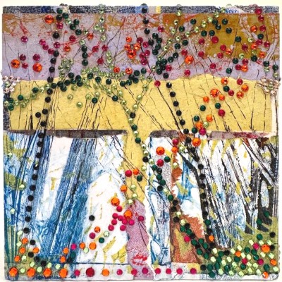 vibrant mixed media composition with accentuating 3D elements
