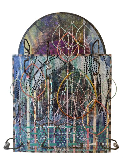 layered mixed media piece with subtle gradated movement and 3D elements