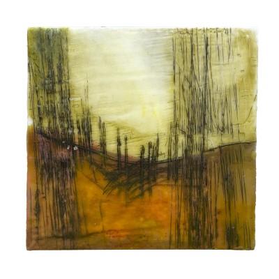 a mini encaustic painting reminiscent of a landscape