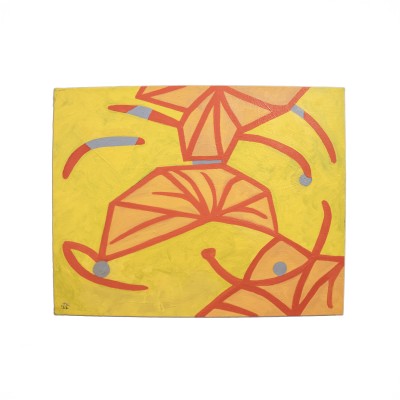 an abstract painting with a yellow background and orange organic forms with grey accents