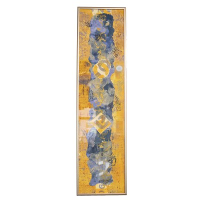 a long rectangular framed collage with a palette of orange and a range of blues