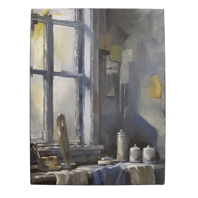 a realism painting of a kitchen