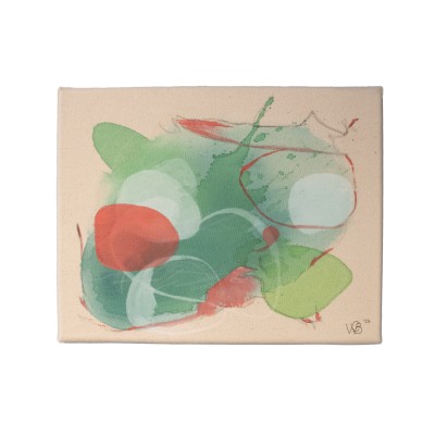 an abstract painting titled opposites distract where it has organic forms made in green, orange, and white