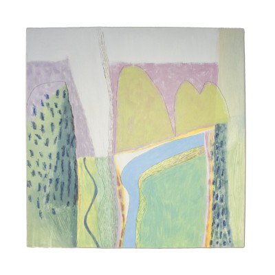 an abstract painting titled my travels that uses pastels and almost mountain-like forms