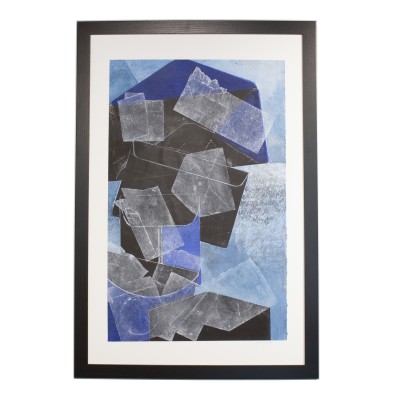 an abstract framed print with a light blue background with written text, a middle ground of envelope shapes in dark blue and black, and a foreground of transparent pieces of paper in white. 