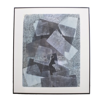 an abstract framed print with a light blue background with written text, a middle ground of envelope shapes in dark blue and black, and a foreground of transparent pieces of paper in white. 