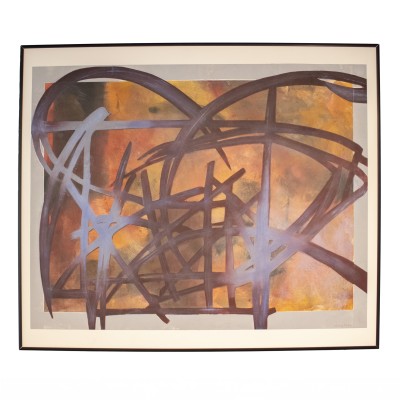 an abstract framed print with a palette of purple, grey, black, and a range of oranges
