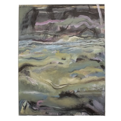 an abstract painting with organic forms in cool tones