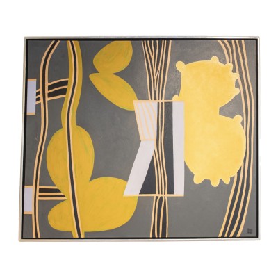 large scale grey, black, and yellow painting with both organic and geometric forms