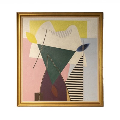colorful painting with geometric forms and a gold frame