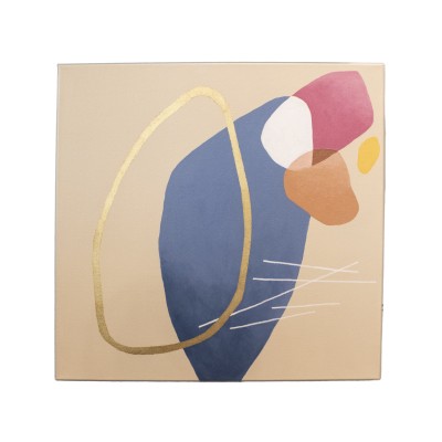 an abstract painting with organic forms, evocative of Mid-Century Modern Abstract style. It has white and gold accents with it's beige, red, orange, yellow, and blue colors