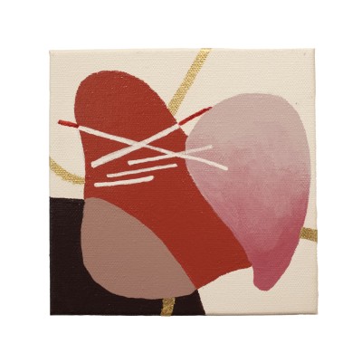 a small abstract painting with a palette of red, pink, browns, and gold