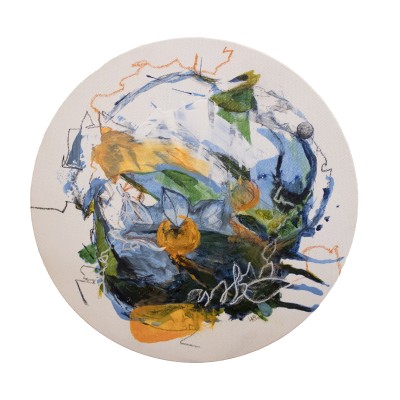 a circle painting with abstract and realism representations of oranges
