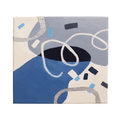 an abstract painting with a platte of blues, greys, black, and silver