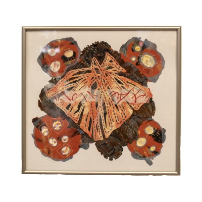 a collage piece with a palette of red, beige, brown and gray