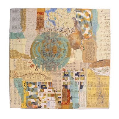 a sewn acrylic mono print with found paper and handwritten paper