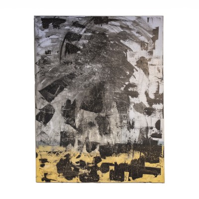 a large abstract painting with a background of different greys, a base of yellow, and overtop brushstrokes of black