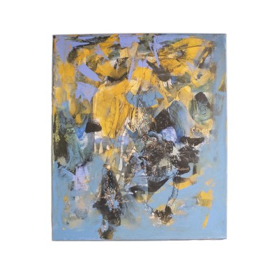 an abstract painting that has a light blue background, with layers of other blues, yellow, purple, black, and peach