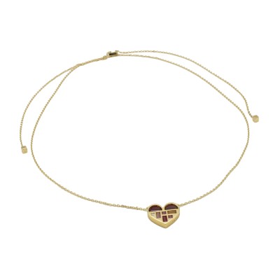 a gold necklace in the shape of a heart adorned with gemstones, including ruby