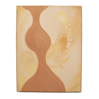 an abstract painting with a background of grated pinks and peaches and organic forms in peach, yellow, white, and pink