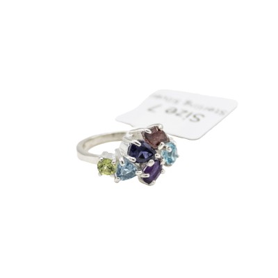 a sterling silver cluster ring with a variety of colored gemstones