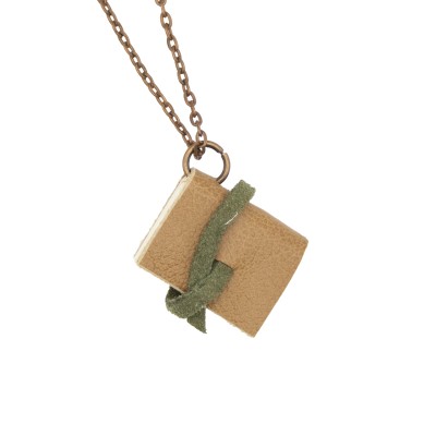 brown book necklace with short copper chain